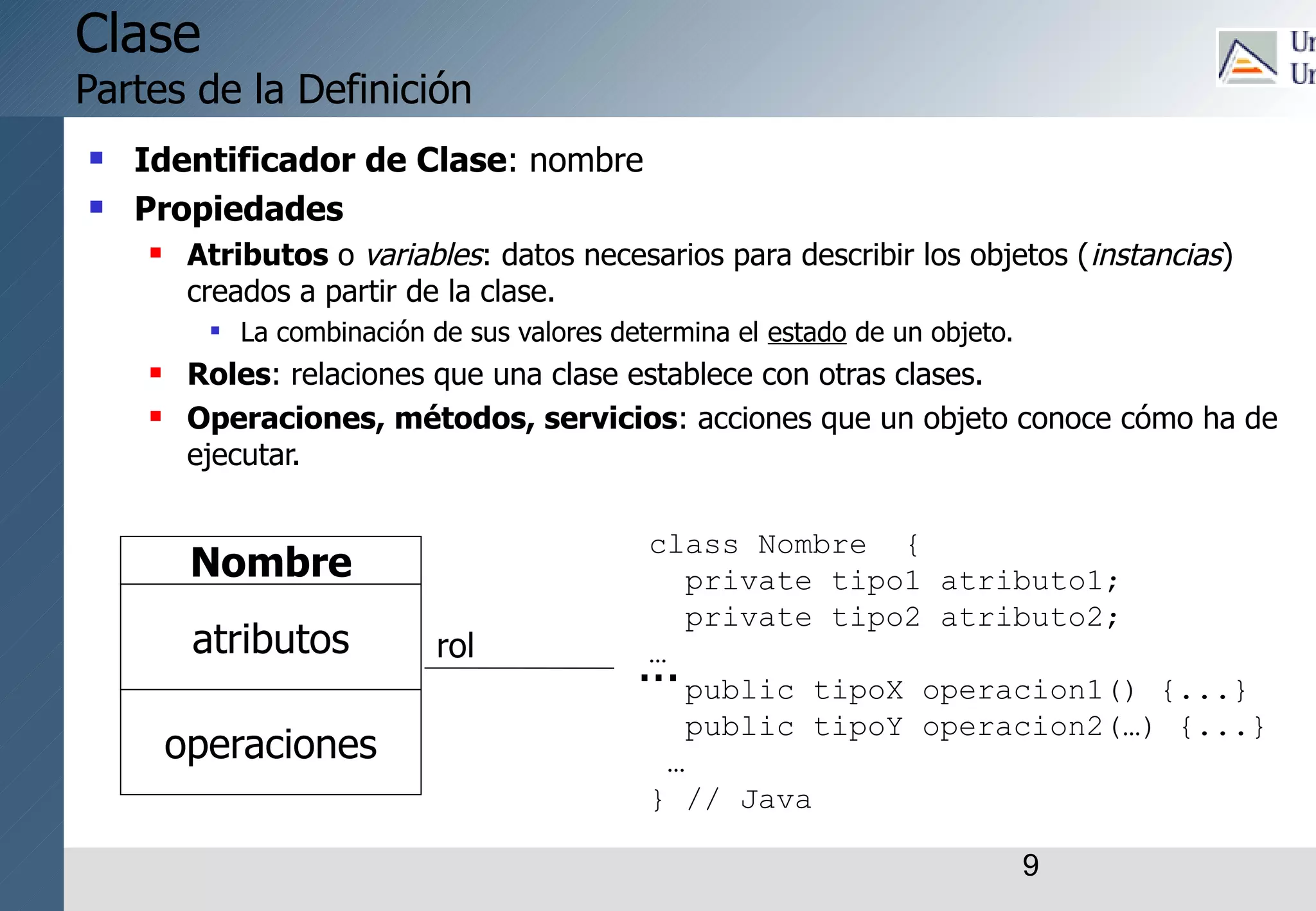 9
Clase
Partes de la Definición
 Identificador de Clase: nombre
 Propiedades
 Atributos o variables: datos necesarios para describir los objetos (instancias)
creados a partir de la clase.
 La combinación de sus valores determina el estado de un objeto.
 Roles: relaciones que una clase establece con otras clases.
 Operaciones, métodos, servicios: acciones que un objeto conoce cómo ha de
ejecutar.
Nombre
atributos
operaciones
...
rol
class Nombre {
private tipo1 atributo1;
private tipo2 atributo2;
…
public tipoX operacion1() {...}
public tipoY operacion2(…) {...}
…
} // Java
 