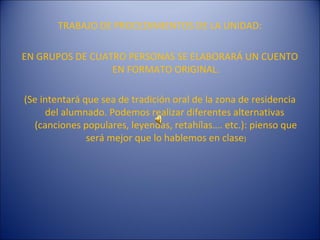 TRABAJO DE PROCEDIMIENTOS DE LA UNIDAD:

EN GRUPOS DE CUATRO PERSONAS SE ELABORARÁ UN CUENTO
                 EN FORMATO ORIGINAL.

(Se intentará que sea de tradición oral de la zona de residencia
     del alumnado. Podemos realizar diferentes alternativas
  (canciones populares, leyendas, retahílas…. etc.): pienso que
               será mejor que lo hablemos en clase)
 