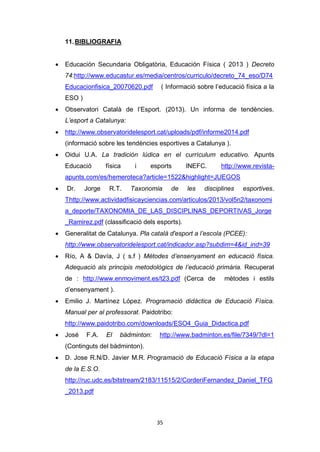 35
11.BIBLIOGRAFIA
 Educación Secundaria Obligatòria, Educación Física ( 2013 ) Decreto
74:http://www.educastur.es/media/centros/curriculo/decreto_74_eso/D74
Educacionfisica_20070620.pdf ( Informació sobre l’educació física a la
ESO )
 Observatori Català de l’Esport. (2013). Un informa de tendències.
L’esport a Catalunya:
 http://www.observatoridelesport.cat/uploads/pdf/informe2014.pdf
(informació sobre les tendències esportives a Catalunya ).
 Oidui U.A. La tradición lúdica en el currículum educativo. Apunts
Educació física i esports INEFC. http://www.revista-
apunts.com/es/hemeroteca?article=1522&highlight=JUEGOS
 Dr. Jorge R.T. Taxonomia de les disciplines esportives.
Thttp://www.actividadfisicayciencias.com/articulos/2013/vol5n2/taxonomi
a_deporte/TAXONOMIA_DE_LAS_DISCIPLINAS_DEPORTIVAS_Jorge
_Ramirez.pdf (classificació dels esports).
 Generalitat de Catalunya. Pla català d'esport a l’escola (PCEE):
http://www.observatoridelesport.cat/indicador.asp?subdim=4&id_ind=39
 Río, A & Davía, J ( s.f ) Mètodes d’ensenyament en educació física.
Adequació als principis metodològics de l’educació primària. Recuperat
de : http://www.enmoviment.es/t23.pdf (Cerca de mètodes i estils
d’ensenyament ).
 Emilio J. Martínez López. Programació didàctica de Educació Física.
Manual per al professorat. Paidotribo:
http://www.paidotribo.com/downloads/ESO4_Guia_Didactica.pdf
 José F.A. El bàdminton: http://www.badminton.es/file/7349/?dl=1
(Continguts del bàdminton).
 D. Jose R.N/D. Javier M.R. Programació de Educació Física a la etapa
de la E.S.O.
http://ruc.udc.es/bitstream/2183/11515/2/CorderiFernandez_Daniel_TFG
_2013.pdf
 