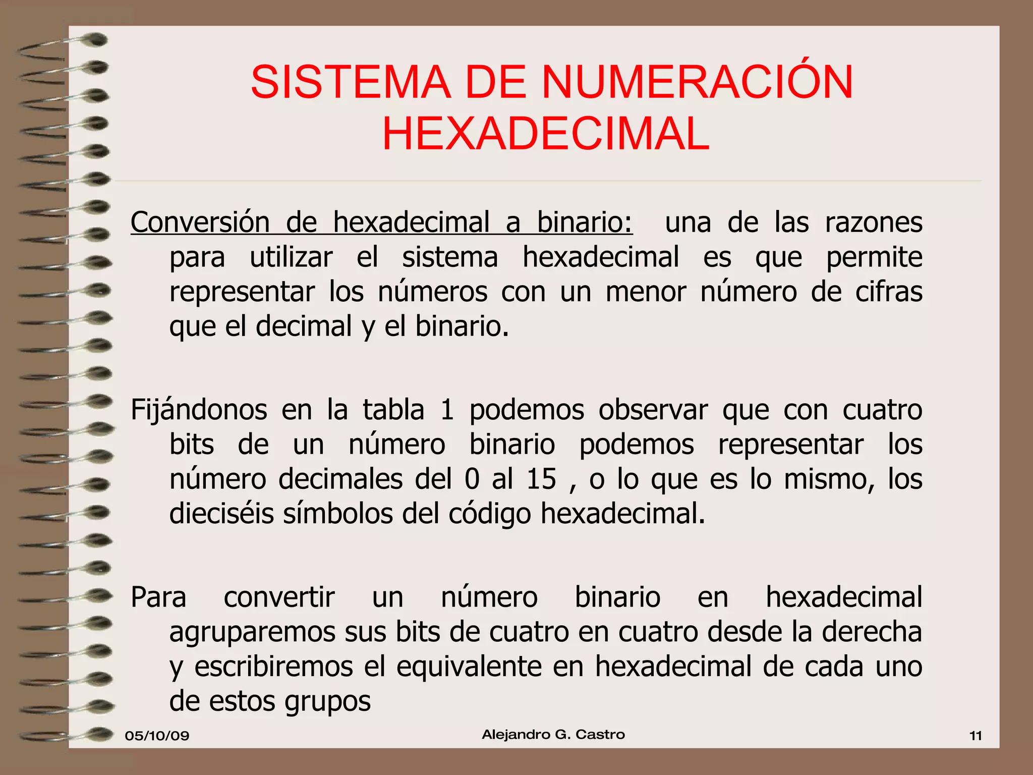 SISTEMA DE NUMERACIÓN HEXADECIMAL  Conversión de hexadecimal a binario:   una de las razones para utilizar el sistema hexadecimal es que permite representar los números con un menor número de cifras que el decimal y el binario.  Fijándonos en la tabla 1 podemos observar que con cuatro bits de un número binario podemos representar los número decimales del 0 al 15 , o lo que es lo mismo, los dieciséis símbolos del código hexadecimal.  Para convertir un número binario en hexadecimal agruparemos sus bits de cuatro en cuatro desde la derecha y escribiremos el equivalente en hexadecimal de cada uno de estos grupos  