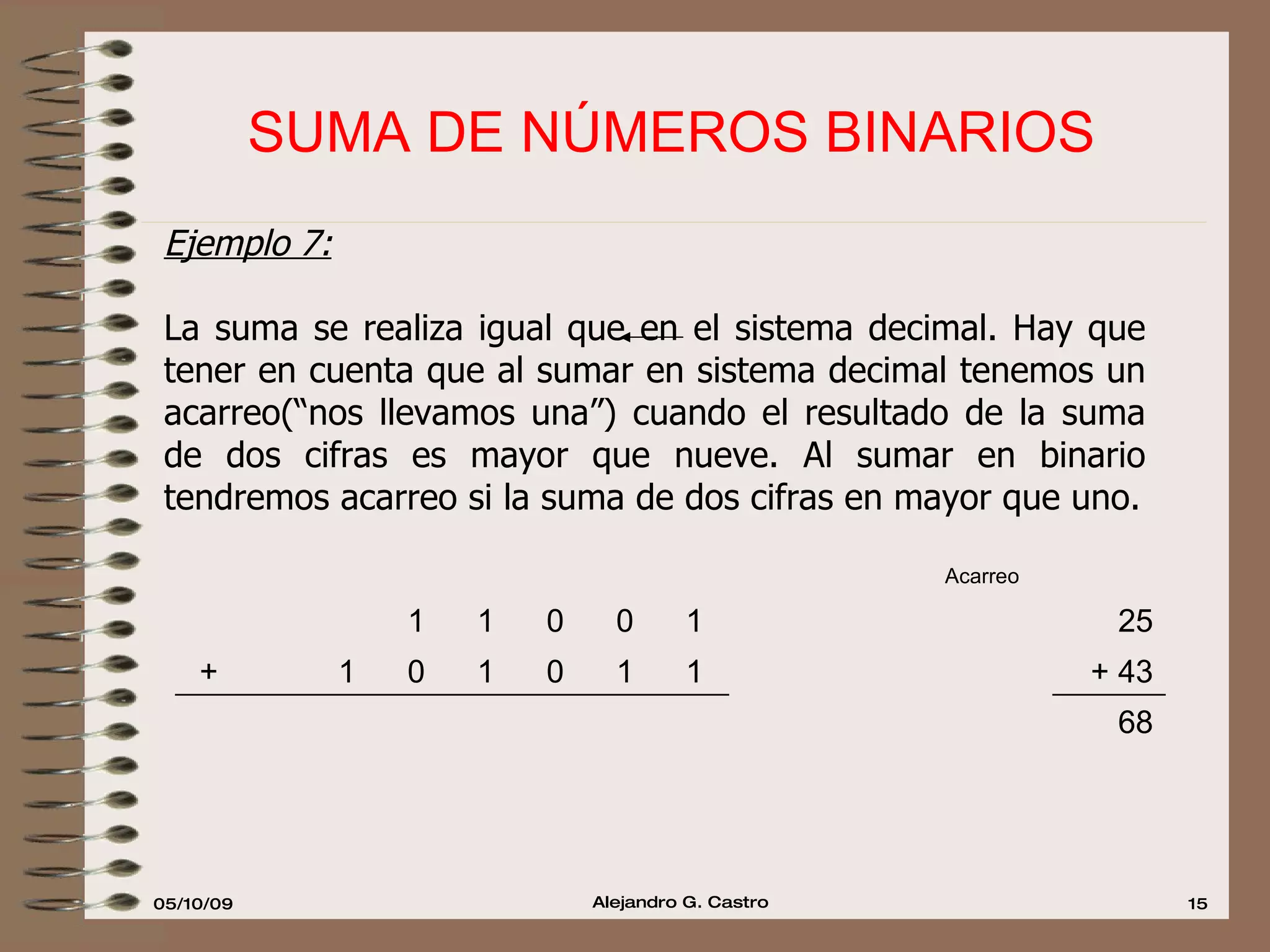 SUMA DE NÚMEROS BINARIOS  Ejemplo 7:   La suma se realiza igual que en el sistema decimal. Hay que tener en cuenta que al sumar en sistema decimal tenemos un acarreo(“nos llevamos una”) cuando el resultado de la suma de dos cifras es mayor que nueve. Al sumar en binario tendremos acarreo si la suma de dos cifras en mayor que uno. 68 0 0 1 0 0 0 1 + 43 1 1 0 1 0 1 + 25 1 0 0 1 1 Acarreo 1 1 1 1 1 