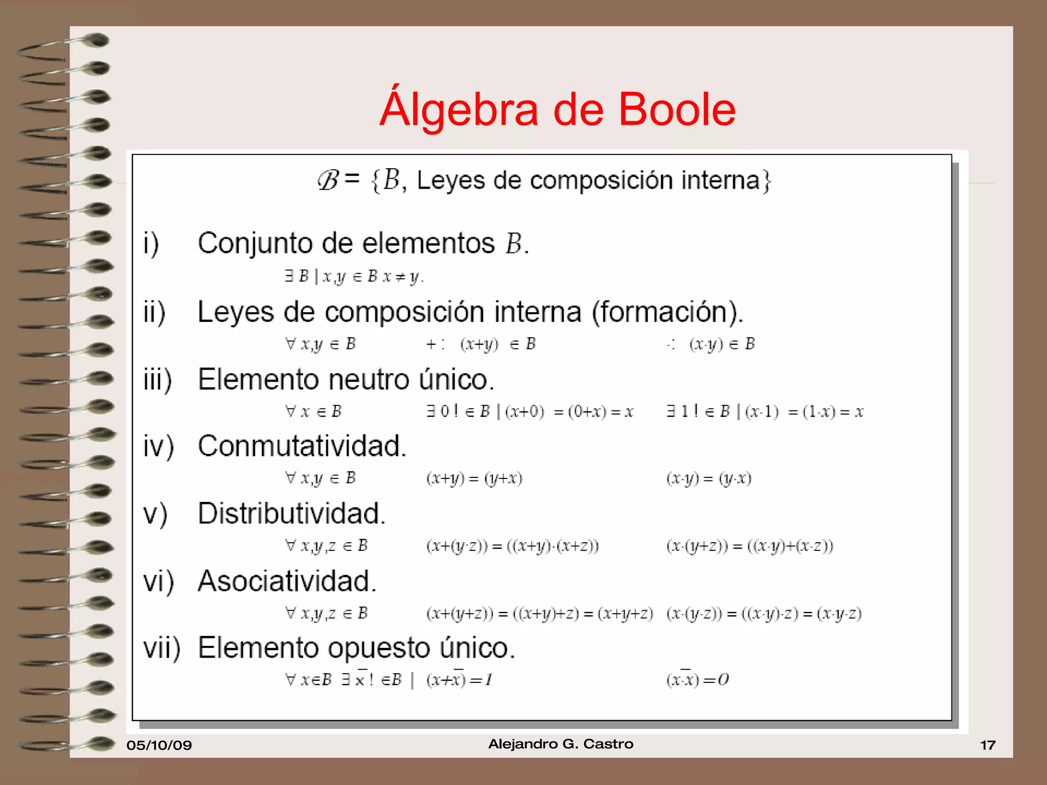 Álgebra de Boole El álgebra de Boole nació como herramienta matemática para la representación de postulados lógicos (proposiciones o enunciados que solo admiten dos tipos de soluciones, cierto o falso). El álgebra de Boole queda definida por un conjunto de elementos, dos leyes de composición interna y sus correspondientes propiedades .... 