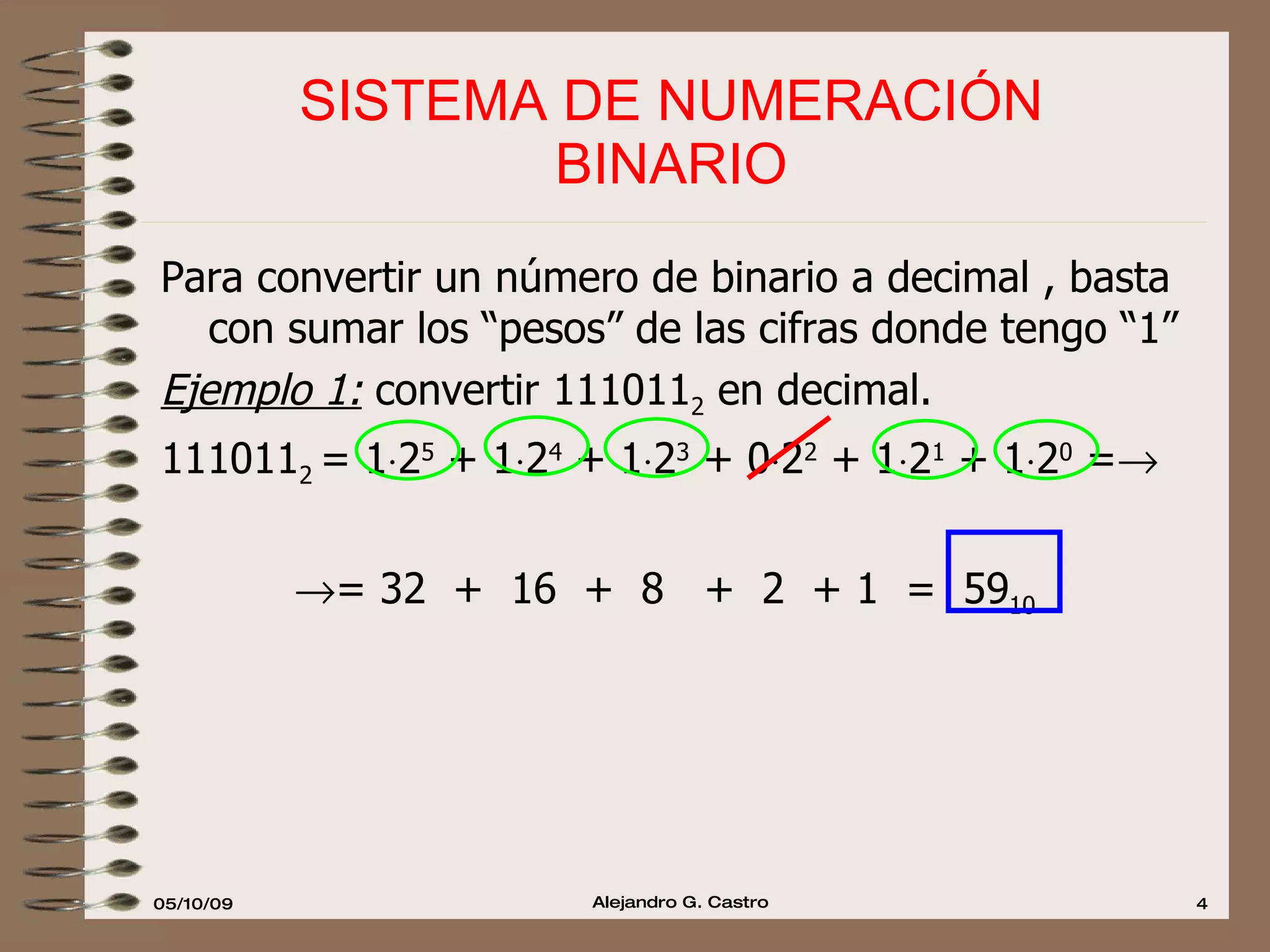 SISTEMA DE NUMERACIÓN  BINARIO  Para convertir un número de binario a decimal , basta con sumar los “pesos” de las cifras donde tengo “1” Ejemplo 1:  convertir 111011 2  en decimal. 111011 2  = 1  2 5  + 1  2 4  + 1  2 3  + 0  2 2  + 1  2 1  + 1  2 0  =   = 32  +  16  +  8  +  2  + 1  =  59 10 
