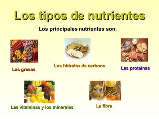 Los tipos de nutrientes
             Los principales nutrientes son:
                                        son




                   Los hidratos de carbono
Las grasas                                      Las proteinas




Las vitaminas y los minerales        La fibra
 