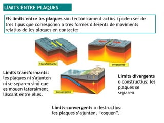 LÍMITS ENTRE PLAQUES
Límits divergents
o constructius: les
plaques se
separen.
Límits convergents o destructius:
les plaques s’ajunten, “xoquen”.
Límits transformants:
les plaques ni s'ajunten
ni se separen sinó que
es mouen lateralment,
lliscant entre elles.
Els límits entre les plaques són tectònicament actius i poden ser de
tres tipus que corresponen a tres formes diferents de moviments
relatius de les plaques en contacte:
 