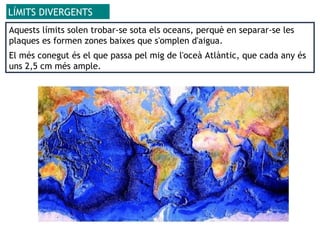 LÍMITS DIVERGENTS
Aquests límits solen trobar-se sota els oceans, perquè en separar-se les
plaques es formen zones baixes que s'omplen d'aigua.
El més conegut és el que passa pel mig de l'oceà Atlàntic, que cada any és
uns 2,5 cm més ample.
 