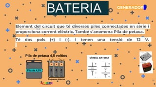 BATERIA
Element del circuit que té diverses piles connectades en sèrie i
proporciona corrent elèctric. També s’anomena Pila de petaca.
Té dos pols (+) i (-). i tenen una tensió de 12 V.
16
SÍMBOL BATERIA
GENERADOR
 