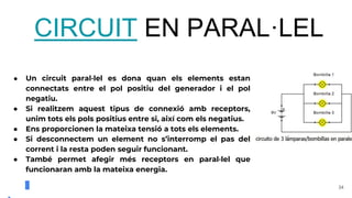 34
CIRCUIT EN PARAL·LEL
● Un circuit paral·lel es dona quan els elements estan
connectats entre el pol positiu del generad...
