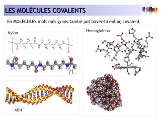 TIPUS LLEESS MMOOLLÈÈCCUULLEESS DD'' EENNLLLLAAÇÇ CCOOVVAALLEENNTTSS 
CCOOVVAALLEENNTT 
En MOLÈCULES molt més grans també pot haver-hi enllaç covalent 
Nylon 
ADN 
Hemoglobina 
 