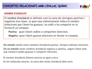 CONCEPTES RELACIONATS AAMMBB LL''EENNLLLLAAÇÇ QQUUÍÍMMIICC 
NOMBRE D'OXIDACIÓ 
El nombre d'oxidació es defineix com la suma de càrregues positives i 
negatives d'un àtom, la qual cosa indirectament indica el nombre 
d'electrons que l'àtom ha guanyat, ha cedit o ha compartit en la 
formació un compost. 
Positiu: quan l'àtom cedeix o comparteix electrons. 
Negatiu: quan l'àtom guanya electrons en formar el compost. 
Els metalls només tenen nombres d'oxidació positius. Sempre cedeixen electrons. 
Els no-metalls tenen nombres d'oxidació negatius o positius, segons l'àtom amb 
què s'enllacin poden guanyar o compartir electrons. 
El nombre d'oxidació d'àtoms neutres és igual a zero. 
En les molècules neutres, la suma dels estats d'oxidació dóna zero. 
 