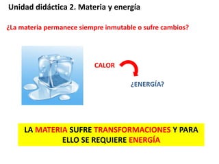 Unidad didáctica 2. Materia y energía
¿La materia permanece siempre inmutable o sufre cambios?
CALOR
¿ENERGÍA?
LA MATERIA SUFRE TRANSFORMACIONES Y PARA
ELLO SE REQUIERE ENERGÍA
 