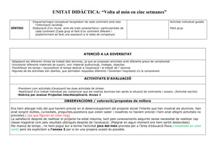UNITAT DIDÀCTICA: “Volta al món en cinc setmanes”
SÍNTESI
-Esquema/mapa conceptual recopilatori de cada continent amb tota
l’informació recollida.
-Elaboració d’un mural amb els trets característics i particularitats de
cada continent (Cada grup el farà d’un continent diferent i
posteriorment es farà una exposició a la resta de companys)
Activitat individual guiada
Petit grup
ATENCIÓ A LA DIVERSITAT
-Adaptació als diferents ritmes de treball dels alumnes, ja que es proposen activitats amb diferents graus de complexitat.
-Incorporar diferents materials de suport, com material audiovisual, imatges, objectes.
-Flexibilitzar els temps i racionalitzar el temps dedicat a l’explicació i al treball de l’ alumne.
-Algunes de les activitats són obertes, que permeten respostes diferents i fomenten l’expressió i/o la comprensió.
ACTIVITATS D’AVALUACIÓ
-Prendrem com activitats d’avaluació les dues activitats de síntesi.
-Realització d’un treball individual per comprovar que els nostres alumnes han aprés la situació de continents i oceans. (Activitat escrita)
-Rúbrica per avaluar Projectes interdisciplinaris. Annex 1
OBSERVACIONS / valoració/propostes de millora
Ens hem allargat més del que havíem previst en el desenvolupament del projecte donat l’interès que han mostrat els alumnes. Han
anat sorgint dubtes, curiositats, preguntes,qüestions que volien saber i nosaltres no havíem previst i hem anat afegint activitats no
previstes.( Les que figuren en color roig)
La satisfacció després de realitzar el projecte ha estat màxima, tant pels coneixements adquirits sense necessitat de realitzar cap
classe magistral com pels resultats obtinguts després de l’avaluació. (Malgrat en algun moment ens hem sentit desbordats)
Per manca de temps , no hem pogut dur a terme l’activitat jocs del món prevista per a l’àrea d’educació física,(ressaltada en color
verd) però els explicitem a l’annex 2 per si en una propera ocasió és possible.
 