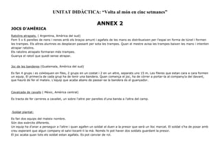 UNITAT DIDÀCTICA: “Volta al món en cinc setmanes”
ANNEX 2
JOCS D’AMÈRICA
Ratolins atrapats. ( Argentina, Amèrica del sud)
Fem 5 o 6 parelles de nens i nenes amb els braços amunt i agafats de les mans es distribueixen per l’espai en forma de túnel i formen
les trampes. Els altres alumnes es desplacen passant per sota les trampes. Quan el mestre avisa les trampes baixen les mans i intenten
atrapar ratolins.
Els ratolins atrapats formaran més trampes.
Guanya el ratolí que quedi sense atrapar.
Joc de les banderes (Guatemala, Amèrica del sud)
Es fan 4 grups i es col•loquen en files, 2 grups en un costat i 2 en un altre, separats uns 15 m. Les fileres que estan cara a cara formen
un equip. El primer/a de cada grup ha de tenir una bandera. Quan comença el joc, ha de córrer a portar-la al company/a del davant,
que haurà de fer el mateix. L’equip que acaba abans de passar-se la bandera és el guanyador.
Cavalcada de cavalls ( Mèxic, Amèrica central)
Es tracta de fer carreres a cavallet, un sobre l'altre per parelles d'una banda a l'altra del camp.
.Soldat plantat:
Es fan dos equips del mateix nombre.
Són dos exèrcits diferents.
Un equip ha d'anar a perseguir a l'altre i quan agafen un soldat al duen a la presor que serà un lloc marcat. El soldat s'ha de posar amb
creu esperant que algun company el salvi tocant-li la mà. Només hi pot haver dos soldats guardant la presor.
El joc acaba quan tots els soldat estan agafats. Es pot canviar de rol.
 