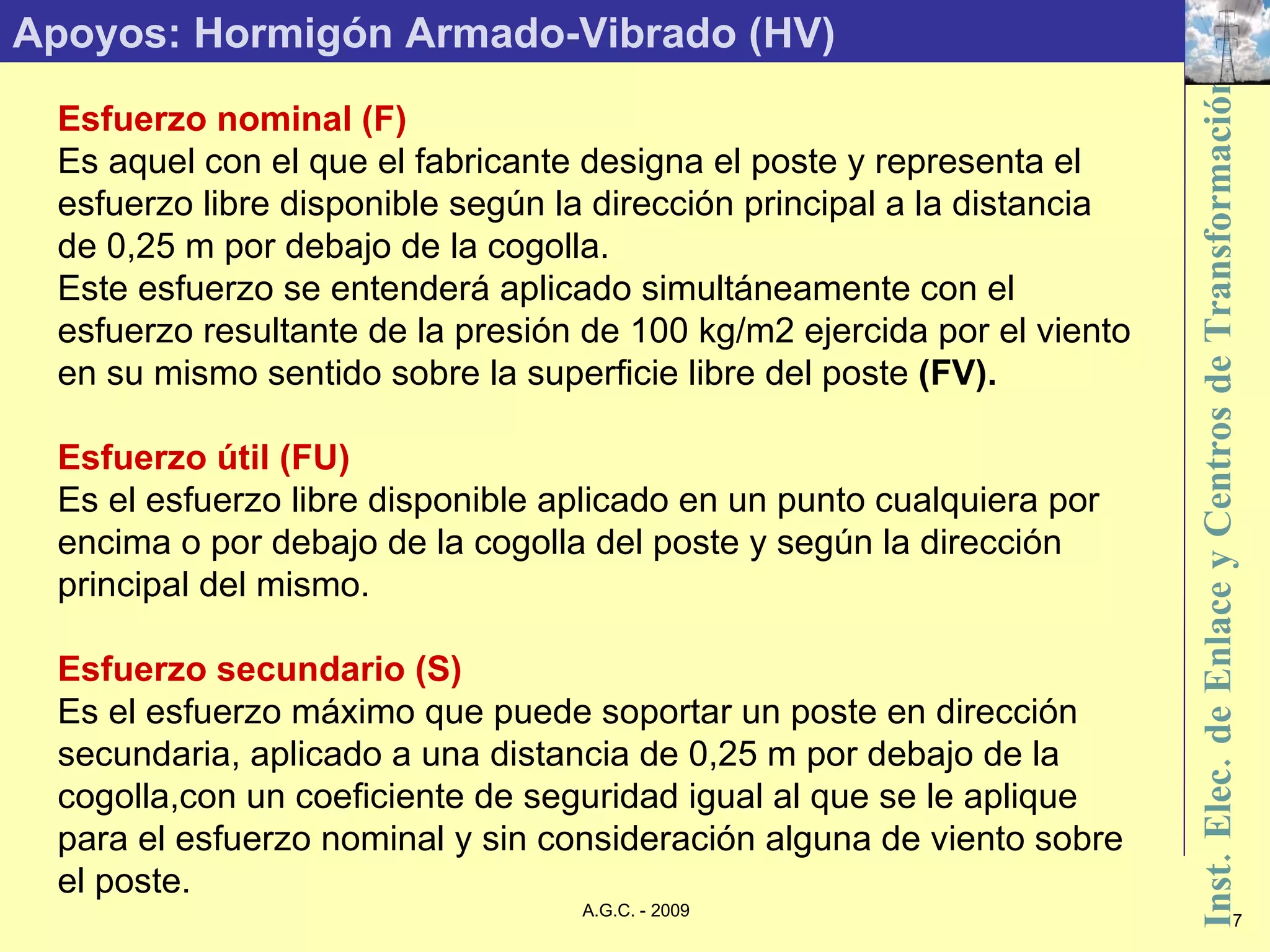 Apoyos: Hormigón Armado-Vibrado (HV) Esfuerzo nominal (F) Es aquel con el que el fabricante designa el poste y representa el esfuerzo libre disponible según la dirección principal a la distancia de 0,25 m por debajo de la cogolla. Este esfuerzo se entenderá aplicado simultáneamente con el esfuerzo resultante de la presión de 100 kg/m2 ejercida por el viento en su mismo sentido sobre la superficie libre del poste  (FV). Esfuerzo útil (FU) Es el esfuerzo libre disponible aplicado en un punto cualquiera por encima o por debajo de la cogolla del poste y según la dirección principal del mismo. Esfuerzo secundario (S) Es el esfuerzo máximo que puede soportar un poste en dirección secundaria, aplicado a una distancia de 0,25 m por debajo de la cogolla,con un coeficiente de seguridad igual al que se le aplique para el esfuerzo nominal y sin consideración alguna de viento sobre el poste. 