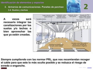 Identificación de elementos y espacios
3. Armarios de comunicaciones. Paneles de parcheo
3.4. Suelos y techos

A
veces
será
necesario integrar las
canalizaciones por los
suelos y/o techos o
bien aprovechar las
que ya estén creadas.

Siempre cumpliendo con las normar PRL, que nos recomiendan recoger
el cable para que este lo más oculto posible y se reduzca el riesgo de
enredo o enganche.

 