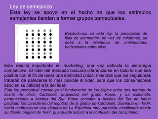 Ley de semejanza Esta ley se apoya en el hecho de que los estímulos semejantes tienden a formar grupos perceptuales. Basándonos en esta ley, la percepción de filas de elementos, en vez de columnas, se debe a la existencia de similaridades horizontales entre ellos Esto resulta importante en marketing, una vez definida la estrategia competitiva. El líder del mercado buscará diferenciarse en todo lo que sea posible con el fin de tener una identidad única, mientras que los seguidores tratarán de parecerse lo más posible al líder, para que los consumidores asocien su calidad a la del líder. Esta ley perceptual constituye el fundamento de los litigios entre dos marcas de aceite de oliva, Carbonell, propiedad del grupo Koipe, y La Española, perteneciente a Aceites del Sur. Koipe acusaba a Aceites del Sur de haber plagiado los caracteres del logotipo de la gitana de Carbonell, diseñada en 1904, hasta confeccionar una etiqueta de La Española muy parecida, modificada desde su diseño original de 1947, que puede inducir a la confusión del consumidor. 