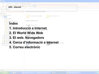 Índex 1. Introducció a Internet 2. El World Wide Web 3. El web. Navegadors 4. Cerca d’informació a Internet 5. Correu electrònic UD3.  Internet 