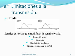 e. Limitaciones a la
transmisión.
2. Ruido.
Señales externas que modifican la señal enviada.
 Ruido térmico
 Diafonía:
 Ruido intermodular:
 Picos de tensión en la señal.
UNIDAD 3. El nivel físico. 17
 