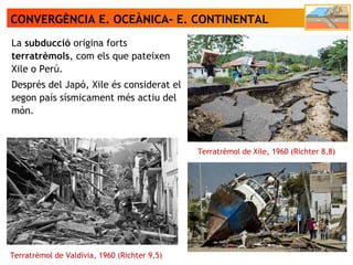 CONVERGÈNCIA E. OCEÀNICA- E. CONTINENTAL
La subducció origina forts
terratrèmols, com els que pateixen
Xile o Perú.
Després del Japó, Xile és considerat el
segon país sísmicament més actiu del
món.
Terratrèmol de Valdívia, 1960 (Richter 9,5)
Terratrèmol de Xile, 1960 (Richter 8,8)
 