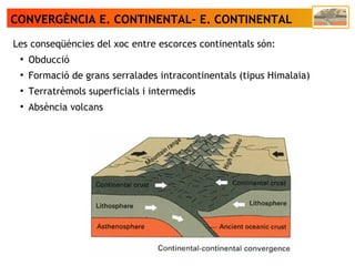 CONVERGÈNCIA E. CONTINENTAL- E. CONTINENTAL
Les conseqüències del xoc entre escorces continentals són:
●
Obducció
●
Formació de grans serralades intracontinentals (tipus Himalaia)
●
Terratrèmols superficials i intermedis
●
Absència volcans
 