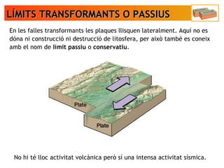 LÍMITS TRANSFORMANTS O PASSIUSLÍMITS TRANSFORMANTS O PASSIUS
En les falles transformants les plaques llisquen lateralment. Aquí no es
dóna ni construcció ni destrucció de litosfera, per això també es coneix
amb el nom de límit passiu o conservatiu.
No hi té lloc activitat volcànica però sí una intensa activitat sísmica.
 