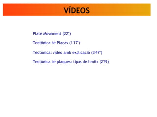 VÍDEOS
Plate Movement (22")
Tectônica de Placas (1'17")
Tectònica: vídeo amb explicació (3'47")
Tectònica de plaques: tipus de límits (2'39)
 