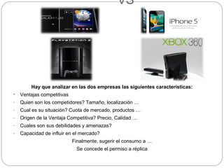 VS
VS
Hay que analizar en las dos empresas las siguientes características:
• Ventajas competitivas
- Quien son los competidores? Tamaño, localización …
- Cual es su situación? Cuota de mercado, productos …
- Origen de la Ventaja Competitiva? Precio, Calidad …
- Cuales son sus debilidades y amenazas?
- Capacidad de influir en el mercado?
Finalmente, sugerir el consumo a …
Se concede el permiso a réplica
 