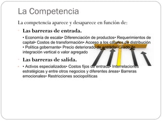 La Competencia
La competencia aparece y desaparece en función de:
- Las barreras de entrada.
• Economía de escala• Diferenciación de productos• Requerimientos de
capital• Costos de transformación• Acceso a los canales de distribución
• Política gobernante• Precio deteriorado de entrada• Grado de
integración vertical o valor agregado
- Las barreras de salida.
- • Activos especializados• Costos fijos de entrada• Interrelaciones
estratégicas y entre otros negocios y diferentes áreas• Barreras
emocionales• Restricciones sociopolíticas
 