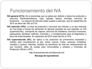 Funcionamiento del IVA
IVA general (21%). Es el porcentaje que se aplica por defecto a todos los productos y
servicios. Electrodomésticos, ropa, calzado, tabaco, bricolaje, servicios de
fontanería… La mayoría de artículos están sujetos a este tipo, que en septiembre de
2012 se elevó del 18% al 21%.
IVA reducido (10%). La lista de productos y servicios que tributan a un tipo reducido
es muy larga e incluye los alimentos en general (excepto los que soportan un IVA
superreducido); transporte de viajeros; servicios de hostelería; servicios funerarios;
peluquerías; dentistas; edificios, viviendas y y complementos para el diagnóstico o
alivio de enfermedades. En septimbre de 2012 subió del 8% al 10%.
IVA superreducido (4%). Se aplica a los productos de primerísima necesidad y
reciben esta consideración el pan, leche, huevos, frutas, verduras, hortalizas,
cereales y quesos. Además, también se benefician de este los medicamentos de
uso humano; sillas de ruedas para minusválidos y prótesis y Viviendas de
Protección Oficial o VPO.
http://impuestosrenta.com/tipos-de-iva/
Recargo de equivalencia
 