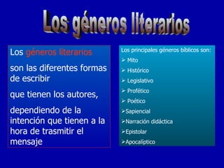 Los géneros literarios Los  géneros literarios   son las diferentes formas de escribir  que tienen los autores,  dependiendo de la intención que tienen a la hora de trasmitir el mensaje Los principales géneros bíblicos son: Mito Histórico Legislativo Profético Poético Sapiencial Narración didáctica Epistolar Apocalíptico 