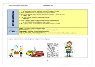 Carolina García Mora- Le Baobab Bleu ® lebaobabbleu.com
8
CONJONCTIONS
• SI/TELLEMENT/ TANT DE/ TELLEMENT DE/ TANT / TELLEMENT ... QUE
Ex: Le vent était tellement fort que notre avion a eu du retard a décoller.
Il y avait tant de monde au cinéma que nous avons préféré d’aller voir le film un autre jour.
• UN TEL …QUE
Ex: Il fait un tel froid que nous avons dû allumer le chauffage.
• SI BIEN QUE
Ex: Le prof a rédigé un examen très difficile, si bien qu’aucun étudiant n’a réussi.
• DE SORTE QUE, DE MANIERE QUE, DE FAÇON QUE…
Ex: Paul a refait la maison de sorte que toutes les chambres donnent sur le jardin.
VERBES
CAUSER La tempête a causé d’importants dégâts.
OCCASIONNER L’accident qui a eu lieu ce matin a occasionné des bouchons.
PROVOQUER La grève de transports a provoqué le chaos.
PRODUIRE, PERMETTRE, DECLENCHER, ENTRAINER… Le mécontentement des travailleurs a déclenché la grève.
Regardez les dessins suivants et créez des phrases en exprimant la conséquence:
 
