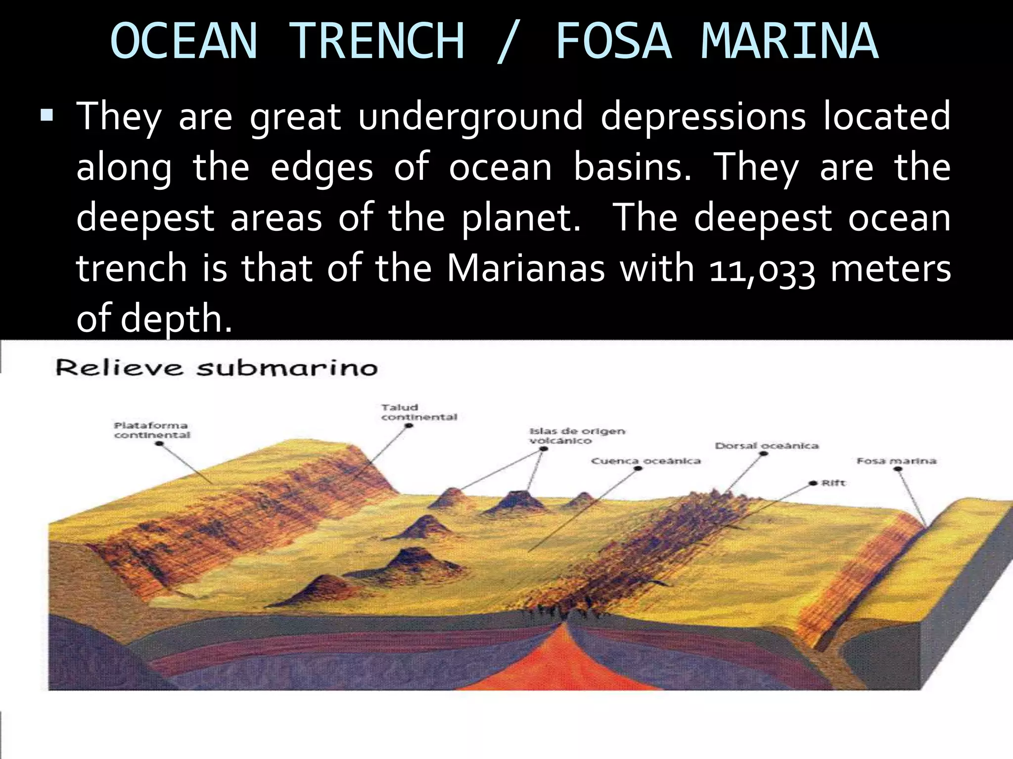 OCEAN TRENCH / FOSA MARINA
 They are great underground depressions located
along the edges of ocean basins. They are the
deepest areas of the planet. The deepest ocean
trench is that of the Marianas with 11,033 meters
of depth.
 