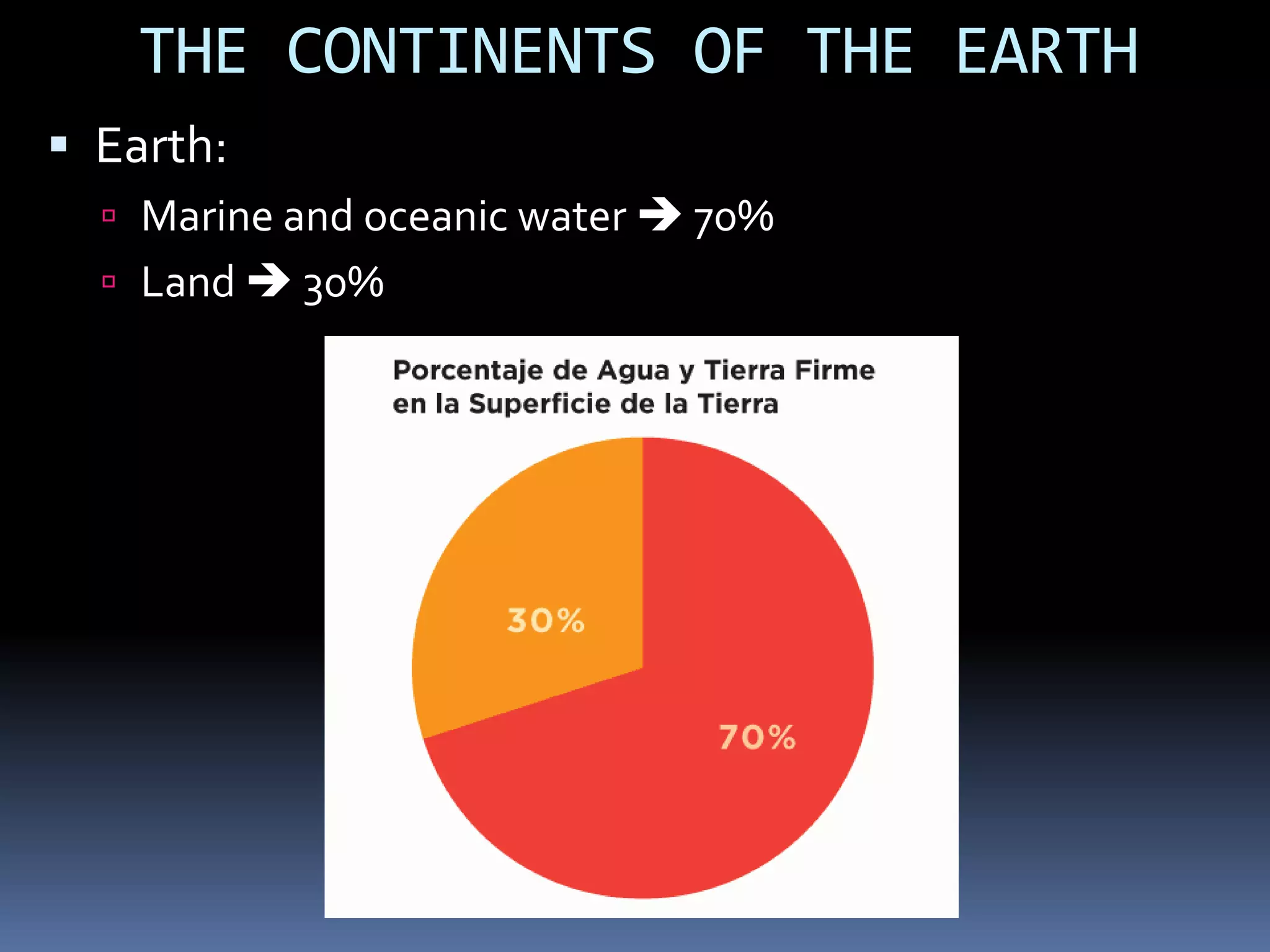 THE CONTINENTS OF THE EARTH
 Earth:
 Marine and oceanic water  70%
 Land  30%
 