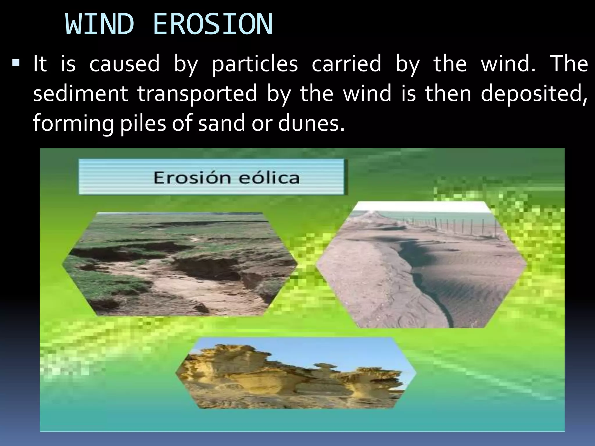 WIND EROSION
 It is caused by particles carried by the wind. The
sediment transported by the wind is then deposited,
forming piles of sand or dunes.
 