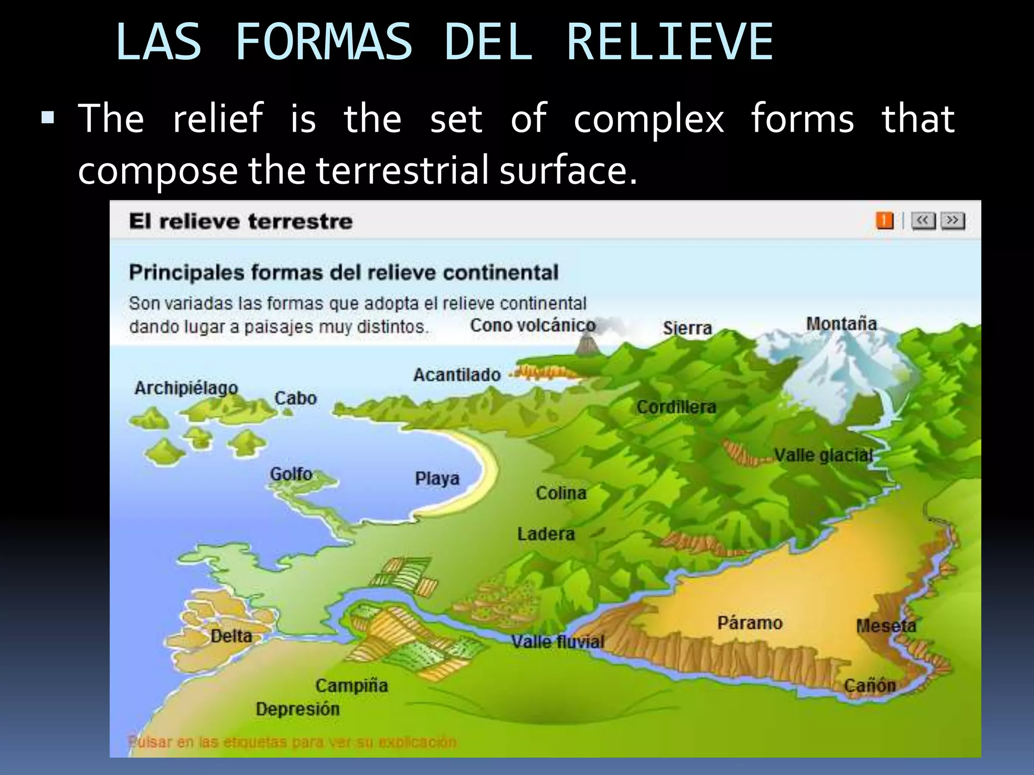 LAS FORMAS DEL RELIEVE
 The relief is the set of complex forms that
compose the terrestrial surface.
 