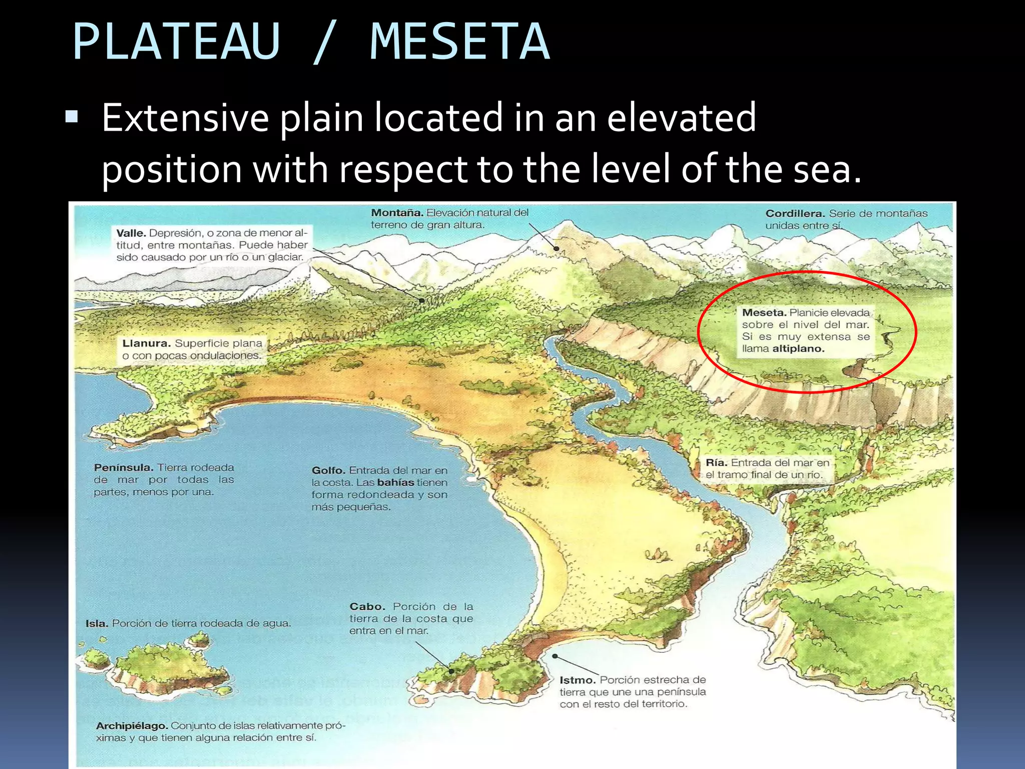 PLATEAU / MESETA
 Extensive plain located in an elevated
position with respect to the level of the sea.
 