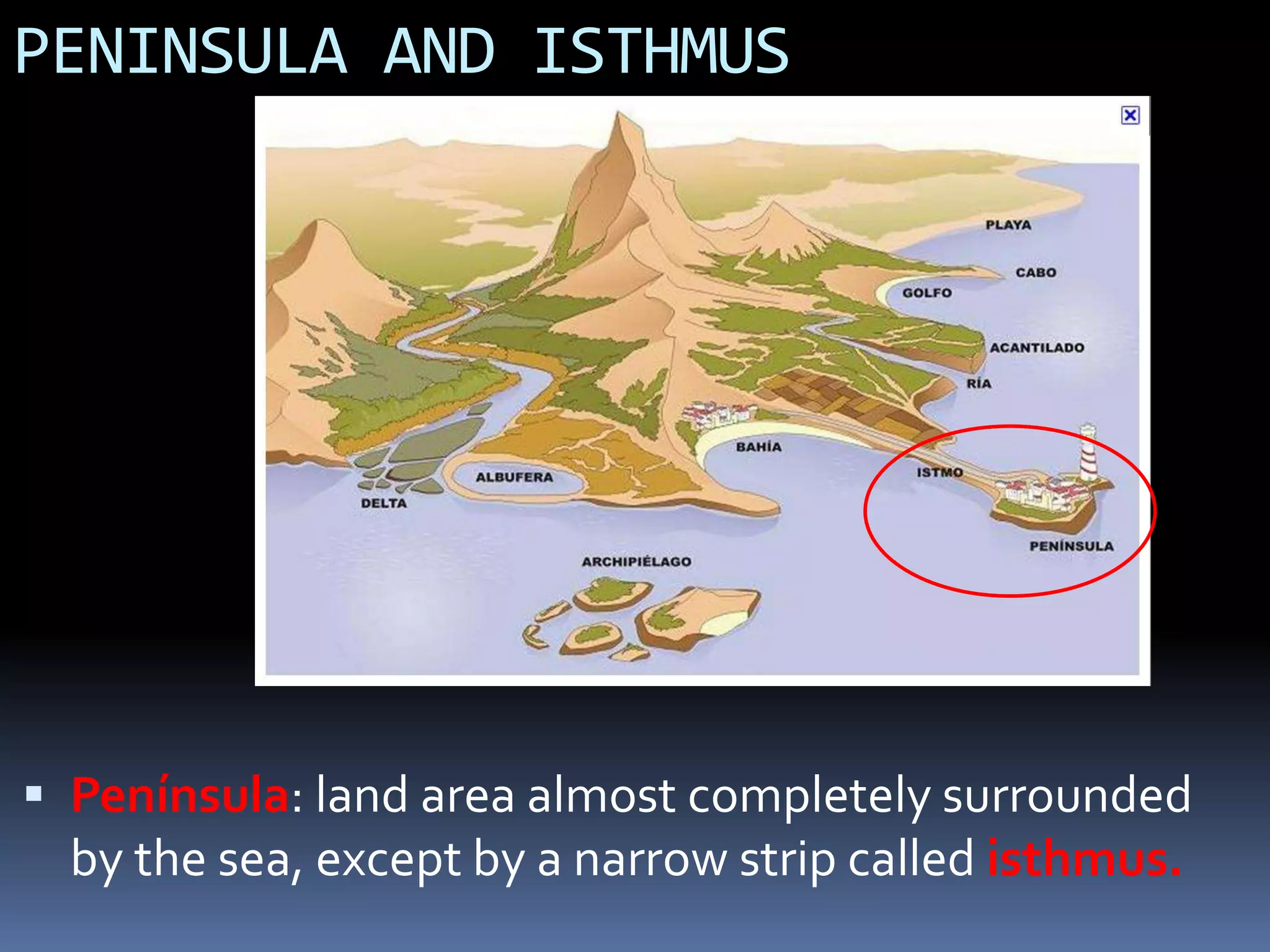 PENINSULA AND ISTHMUS
 Península: land area almost completely surrounded
by the sea, except by a narrow strip called isthmus.
 