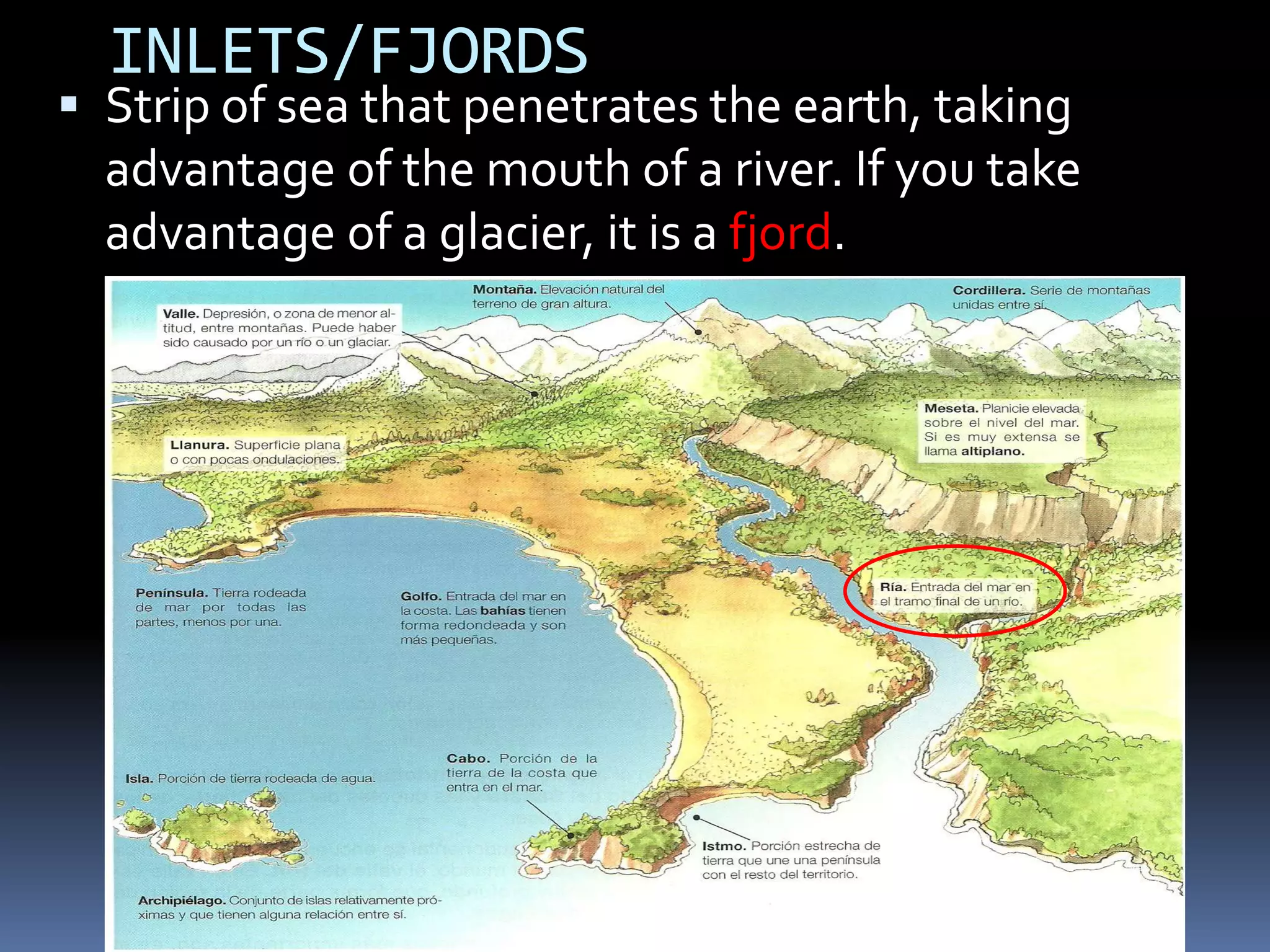 INLETS/FJORDS
 Strip of sea that penetrates the earth, taking
advantage of the mouth of a river. If you take
advantage of a glacier, it is a fjord.
 