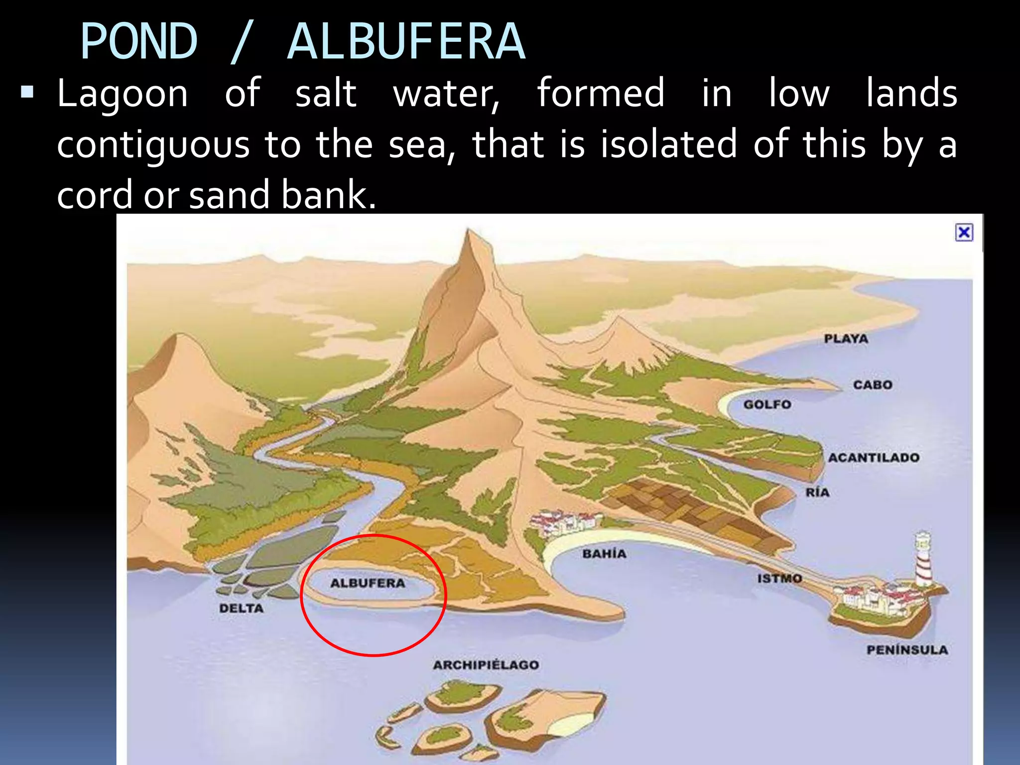 POND / ALBUFERA
 Lagoon of salt water, formed in low lands
contiguous to the sea, that is isolated of this by a
cord or sand bank.
 