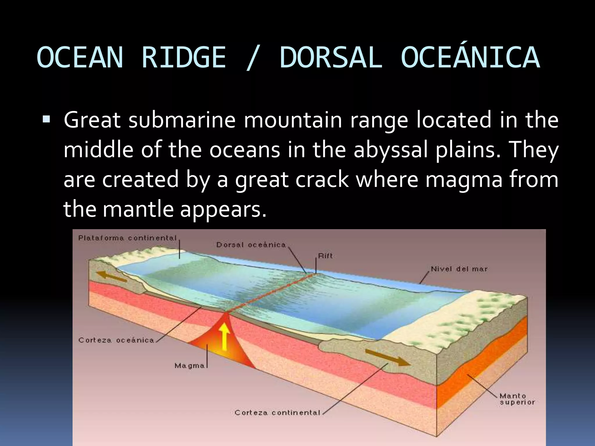 OCEAN RIDGE / DORSAL OCEÁNICA
 Great submarine mountain range located in the
middle of the oceans in the abyssal plains. They
are created by a great crack where magma from
the mantle appears.
 