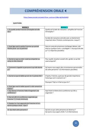 (https://www.youtube.com/watch?time_continue=128&v=Xg7iKaj9zMQ)
QUESTIONS:
NIVEAU 1 NIVEAU 2
1. En quelle année Francine Christophe est-elle
née ?
Quelle est la date de naissance complète de Francine
Christophe ?
Sa date de naissance coïncide avec un événement
important dans l’histoire contemporaine. Lequel ?
2. Quel âge avait la petite Francine qui portait
l'étoile jaune sur sa poitrine?
Dans le camp de prisonniers de Bergen-Belsen, elle
était en quelque sorte « privilégiée ». Pourquoi dit-elle
ça ? ( 2 réponses possibles)
3. Qu'est-ce que sa mère avait pu emporter au
camp où elles étaient?
Pour quelle situation voulait-elle garder ce qu’elle
avait emporté?
4. Comment s’appelle la personne à qui elle donne
ça ?
Qu’avons-nous appris des circonstances personnelles
de cette personne ? (3 informations possibles)
5. Qu’est-ce que le bébé qui est né n’a jamais fait ? D’après, Francine, quel jour de grande importance
historique est-il vraiment né ?
Pourquoi ? Qu’a-t-il fait ce jour-là ?
6. Quel âge avait le bébé quand il a été ramené en
France ?
7. Qui donne à Francine l'idée d'organiser une
conférence ?
Quel était le thème de la conférence qu’elle a
organisée ?
8. Qui est allé à la conférence organisée par
Francine ? ( 3 mots minimum)
9. Quelqu’un s’est approché de Francine et lui a
donné quelque chose . Quoi ?
10. Qui était cette personne ? Qu’est-ce que cette personne est devenue ?
Qu’avons-nous appris d’elle ? ( 2 informations)
COMPRÉHENSION ORALE 
20
 
