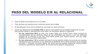 PASO DEL MODELO E/R AL RELACIONAL
 Toda entidad se transforma en una tabla.
 Todo atributo se transforma en columna dentro de la tabla.
 El identificador único de la entidad se convierte en clave primaria
 Como las relaciones del modelo E/R no tienen equivalente en el modelo relacional, ya que
sólo existen tablas y operaciones entre ellas, es necesario aplicar lo siguiente:
 En las relaciones M:N se crea una nueva tabla que tendrá como clave primaria la
concatenación de los atributos clave de las entidades que asocia y con los atributos
propios de la relación si los hay. Esta tabla posee dos claves ajenas, una por cada
entidad con la que está relacionada.
 En las relaciones 1:N la entidad del lado N de la relación añade el conjunto de campos
necesarios para incorporar a sus atributos la totalidad de la clave primaria de la entidad
del lado 1, creando una clave ajena, de modo que se puedan relacionar ambas tablas
mediante operadores relacionales. El nombre de la relación desaparece.
12
 