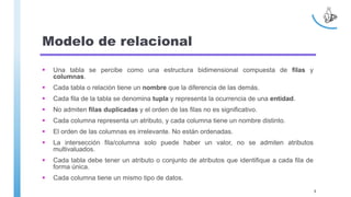 Modelo de relacional
 Una tabla se percibe como una estructura bidimensional compuesta de filas y
columnas.
 Cada tabla o relación tiene un nombre que la diferencia de las demás.
 Cada fila de la tabla se denomina tupla y representa la ocurrencia de una entidad.
 No admiten filas duplicadas y el orden de las filas no es significativo.
 Cada columna representa un atributo, y cada columna tiene un nombre distinto.
 El orden de las columnas es irrelevante. No están ordenadas.
 La intersección fila/columna solo puede haber un valor, no se admiten atributos
multivaluados.
 Cada tabla debe tener un atributo o conjunto de atributos que identifique a cada fila de
forma única.
 Cada columna tiene un mismo tipo de datos.
8
 
