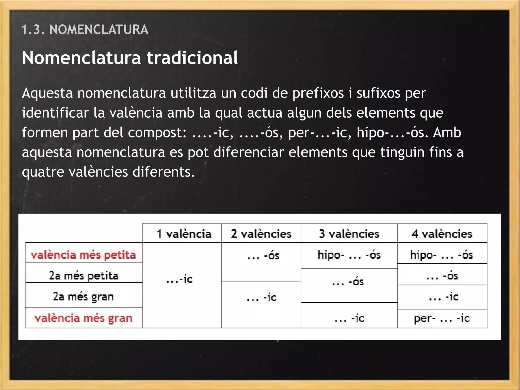 Nomenclatura tradicional
Aquesta nomenclatura utilitza un codi de prefixos i sufixos per
identificar la valència amb la qual actua algun dels elements que
formen part del compost: ....-ic, ....-ós, per-...-ic, hipo-...-ós. Amb
aquesta nomenclatura es pot diferenciar elements que tinguin fins a
quatre valències diferents.
1.3. NOMENCLATURA
 