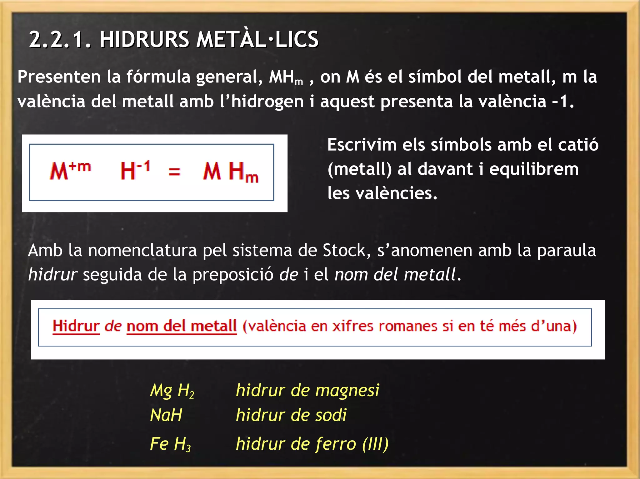 2.2.1. HIDRURS METÀL·LICS2.2.1. HIDRURS METÀL·LICS
Presenten la fórmula general, MHm , on M és el símbol del metall, m la
valència del metall amb l’hidrogen i aquest presenta la valència –1.
Escrivim els símbols amb el catió
(metall) al davant i equilibrem
les valències.
Amb la nomenclatura pel sistema de Stock, s’anomenen amb la paraula
hidrur seguida de la preposició de i el nom del metall.
Mg H2 hidrur de magnesi
NaH hidrur de sodi
Fe H3 hidrur de ferro (III)
 