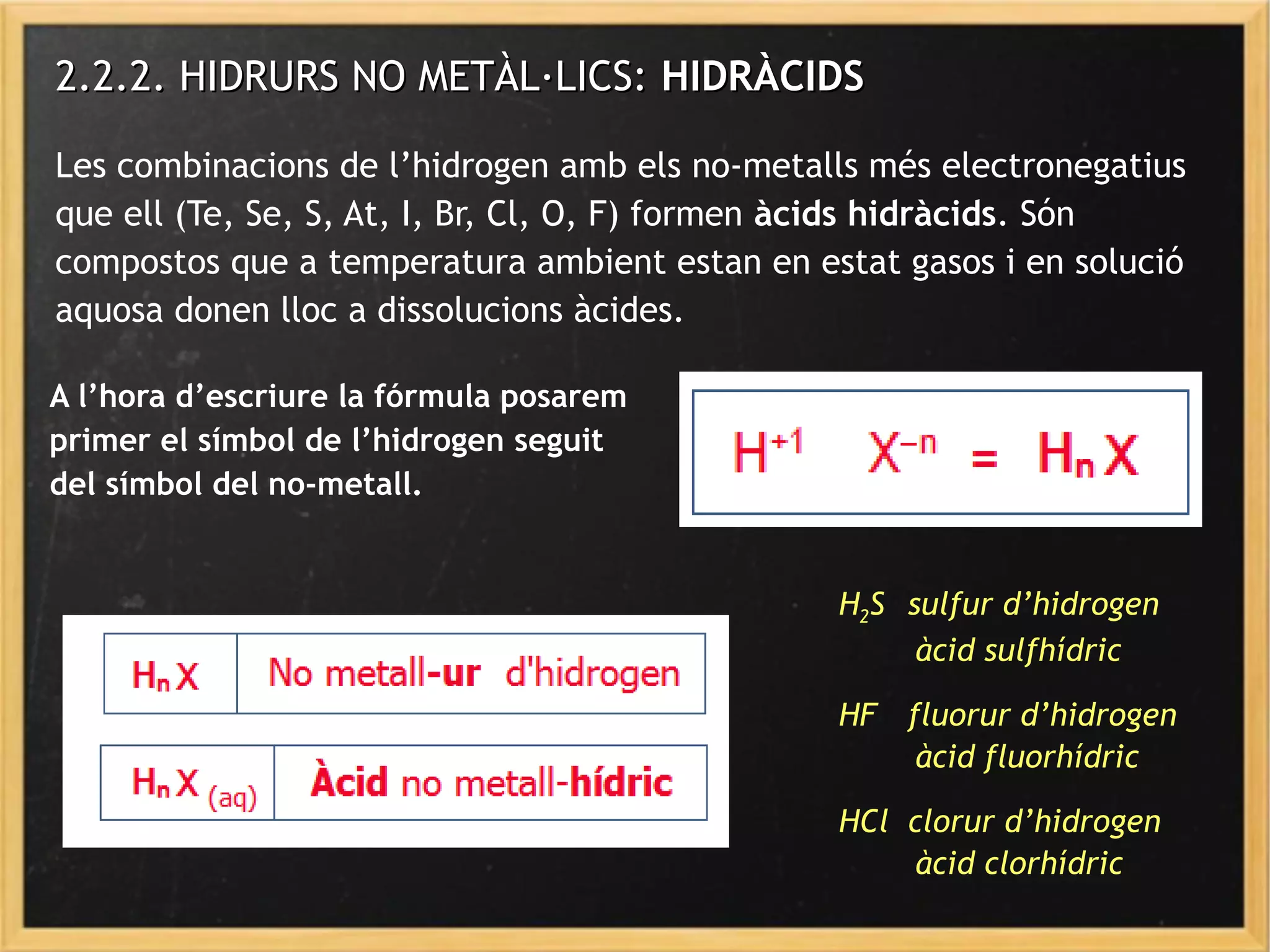 Les combinacions de l’hidrogen amb els no-metalls més electronegatius
que ell (Te, Se, S, At, I, Br, Cl, O, F) formen àcids hidràcids. Són
compostos que a temperatura ambient estan en estat gasos i en solució
aquosa donen lloc a dissolucions àcides.
A l’hora d’escriure la fórmula posarem
primer el símbol de l’hidrogen seguit
del símbol del no-metall.
2.2.2. HIDRURS NO METÀL·LICS:2.2.2. HIDRURS NO METÀL·LICS: HIDRÀCIDSHIDRÀCIDS
H2S sulfur d’hidrogen
àcid sulfhídric
HF fluorur d’hidrogen
àcid fluorhídric
HCl clorur d’hidrogen
àcid clorhídric
 
