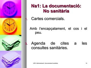 Na1: La documentació: No sanitària Cartes comercials. Amb l’encapçalament, el cos i el peu. Agenda de cites a les consultes sanitàries. UD3: Administració i documentació sanitària 