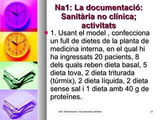 Na1: La documentació: Sanitària no clínica; activitats 1. Usant el model , confecciona un full de dietes de la planta de medicina interna, en el qual hi ha ingressats 20 pacients, 8 dels quals reben dieta basal, 5 dieta tova, 2 dieta triturada (túrmix), 2 dieta líquida, 2 dieta sense sal i 1 dieta amb 40 g de proteïnes. UD3: Administració i documentació sanitària 