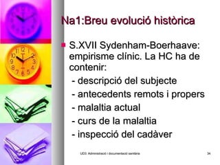 Na1:Breu evolució històrica S.XVII Sydenham-Boerhaave: empirisme clínic. La HC ha de contenir:  - descripció del subjecte - antecedents remots i propers - malaltia actual - curs de la malaltia  - inspecció del cadàver UD3: Administració i documentació sanitària 