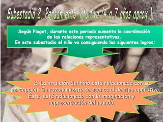 Según Piaget, durante este periodo aumenta la coordinación
               de las relaciones representativas.
 En este subestadio el niño va consiguiendo los siguientes logros:




         2. La intuición del niño está relacionada con su
percepción. Su razonamiento se acerca al de tipo operativo.
      Éste, está relacionado con la imaginación y
                representación del mundo.
 